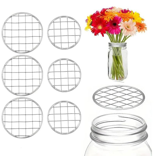 6 Pack Metal Flower Mason Jar Lid Insert - Wide Mouth Mason Jar Flower Organizer Lids Insert with Square Grids for Vase Display, Flowers Arrangement, Wedding & Home Decor (6 Insert Net) - color: 6 Silver Insert
