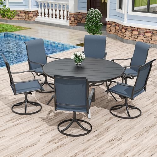 Anmutig 7 Piece Patio Dining Set, 54" Round Table & 6 Swivel Chairs, Blue | Weather-Resistant Textilene, Powder-Coated Steel Frame, Umbrella Hole, Easy Assembly, Balcony, Garden, Backyard, Poolside - color: Blue, size: Table-54"*54", style: Arm Style2