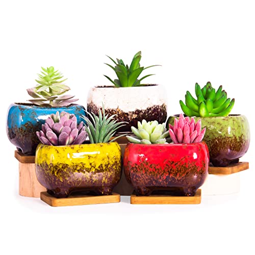 ARTKETTY Succulent Pots - 4.7 Inch Small Pots for Indoor for Plants | Rectangular Planters with Bamboo Trays Set of 5, Ceramic Cactus Flower Plants for Home Office Decor - color: Glazed