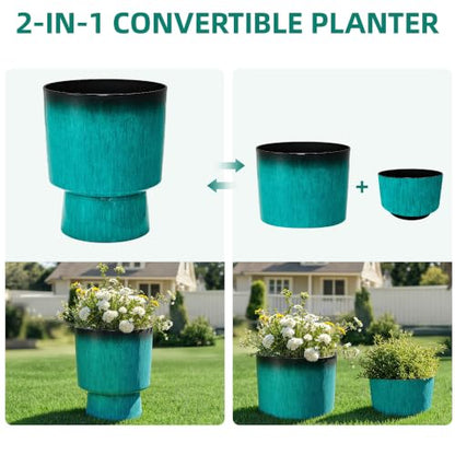 16.8" Planters for Outdoor Plants, Large Urn Flower pots S/2 - color: 16.8"-teal Glazed & Black Rim