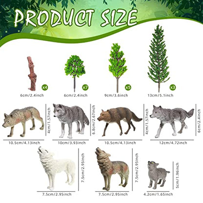 Sratte 26 Pcs Woodland Wolf Figurines Toys Small Wolf Figures with Model Trees Kit Playset Cake Toppers Diorama Project Kit for Kids Toddlers Birthday Gift Decor