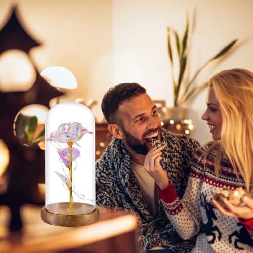 Galaxy Artificial Rose in Glass Dome - Premium Acacia Wood Base, Enchanted Eternal Flower for Home Decor, Unique Birthday Gifts for Women, Wife, Her