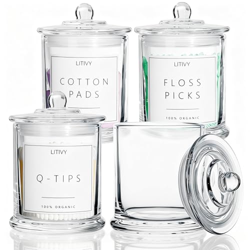 LITIVY 4 Pack Bathroom Organizers and Storage - 16 Oz Glass Qtip Holder & Cotton Pad Dispenser with Lid, Apothecary Jars for Home, Room Decor, Kitchen Organizer (Clear) - color: Clear