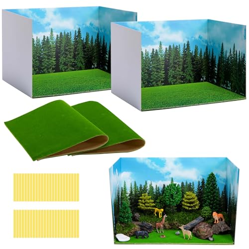 codree 4 Pcs Jungle Style Diorama Box and Fake Grass Decor, Rainforest Diorama Supplies Project Box Set, Cardboard Diorama Kit & Artificial Grass with Double Sided Tapes for DIY Crafts Toys Dollhouse - color: Jungle Style-4pcs