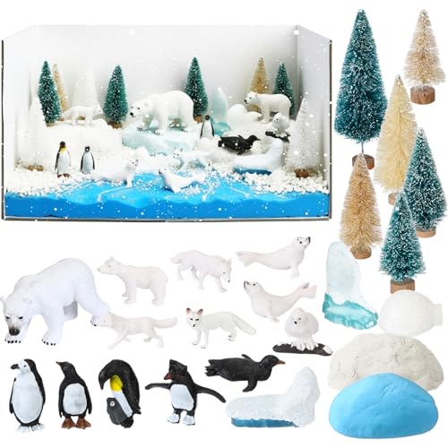 Simgoing Polar Animals Diorama Supplies Arctic Animals Figures Project Artificial Pine Trees Mini Penguin Bear Fox with Gift Box for Winter Birthday Gifts Decorations - style: Polar Animals