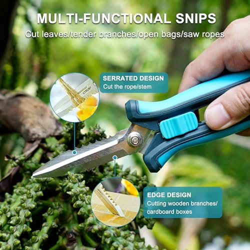 8 Inch Serrated Straight Pruning Snips Carbon Steel Floral Scissors Cutters | Extended Sharp Serrated Blades, Spring Rebound, Non-Slip Grips, For Garden, Hydroponics And Grow Tent Plant Care - style: Pruning Snip 2