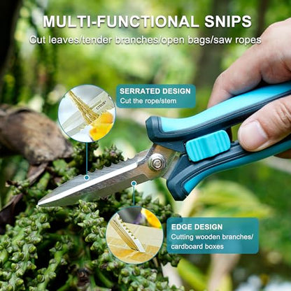 8 Inch Serrated Straight Pruning Snips Carbon Steel Floral Scissors Cutters | Extended Sharp Serrated Blades, Spring Rebound, Non-Slip Grips, For Garden, Hydroponics And Grow Tent Plant Care - style: Pruning Snip 2