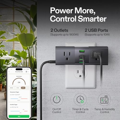 VIVOSUN GrowHub Outlet Controller A22 with Temperature and Humidity Sensor Probe, Smart Environmental WiFi-Controller, Smart Plug, Thermostat, 15A 1800W, Compatible with Vivosun App for Grow Tent | Smart Plug, Smart Environmental WiFi-Controller,Thermosta