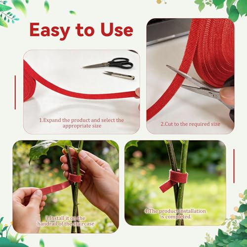 50FT Nylon Garden Tie Plant Tape Supports for Climbing Plants Red | Cut Design, Reusable Sturdy Adjustable Garden Tape for Plants, Flowers, Vines and Tree Holiday - color: Red
