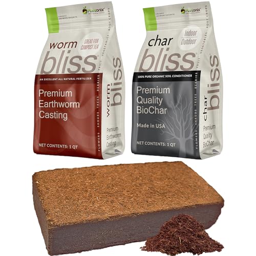 Coco Coir Brick (650gms) + Worm Bliss (1 Qt) + Char Bliss (1 Qt) - Organic Coco Coir for Plants - Worm Castings & Biochar for Plants - Soil Amendment & Organic Fertilizer Bundle - Potting Soil Mix - color: Soil Amendment Bundle