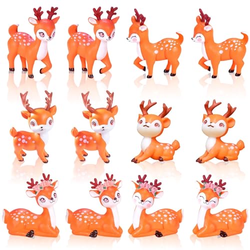 Exasinine 12Pcs Miniature Deer Figurines Forest Woodland Animal Miniatures for Crafts Fairy Garden Accessories Small Deer Ornaments Cake Toppers