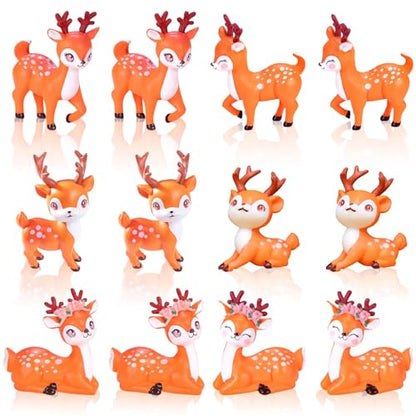 Exasinine 12Pcs Miniature Deer Figurines Forest Woodland Animal Miniatures for Crafts Fairy Garden Accessories Small Deer Ornaments Cake Toppers