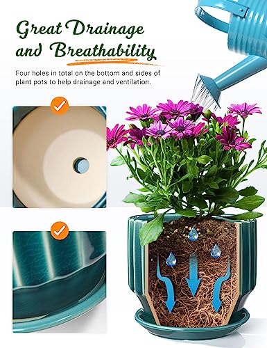 AISBUGUR Plant Pots 6 inch Ceramic Pots for Indoor Plants Set of 2 Flower Pots Unique Crackle Glaze Design Plant Pots with Drainage Hole and Saucer Come with Drainage Nets (Aqua Green) - color: Aqua Green
