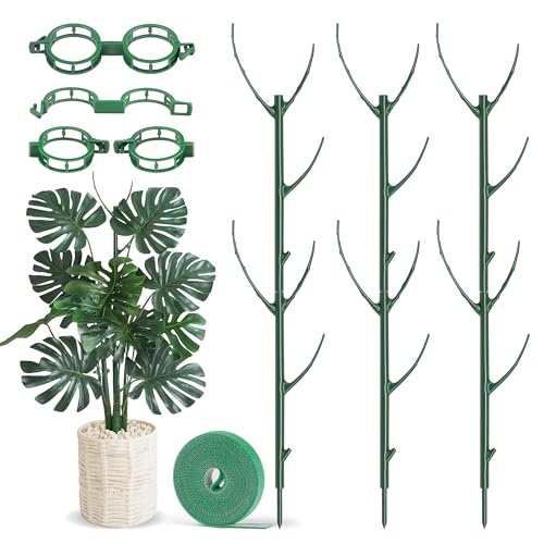 Plant Support Stakes, Stackable Plant Support Poles, Green, 6 Pcs | Tree-branch Design, Sturdy Plastic Material, Includes 20 Clips and 1 Roll Tie, Adjustable, for Monstera, Climbing Plants