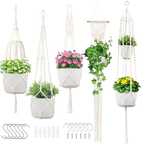 Macrame Plant Hangers 5Pack, Handmade Cotton Rope Hanging Planters | 5 Set Hooks, hanging plant holders, flower pots holder, plant hanger indoor outdoor for boho home decor, fits 6-8 inch pots - color: Ivory