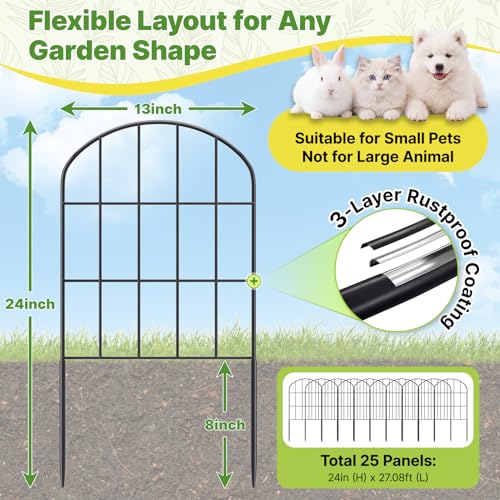 KIMAZO 25 Pack Decorative Garden Fence Panels – Metal Arched Fencing Dog Fence No-Dig Animal Barrier Fence Rustproof Garden Edging for Yard, Patio, Dog Run, Outdoor Decor Landscape & Flower Bed - size: 27.08 ft (L) x 24 in (H)
