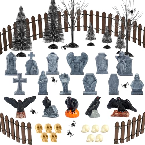 65 Pcs Halloween Village Accessories Halloween Miniatures Tombstone Crow | Halloween Village Set Mini Halloween Figurines Plastic Skulls Spiders Fence Bare Branch Trees for Mini Graveyard Scene Decor