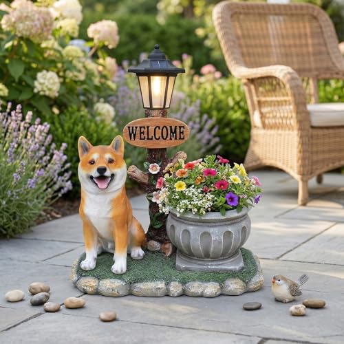 Shiba Inu Solar Welcome Sign - 20" Outdoor Dog Statue Planter with Solar Powered Lantern, Japanese Dog Breed Garden Decor for Yard Lawn Pathway, 9.5lbs Heavy Duty Resin Sculpture - color: Shiba Inu Left