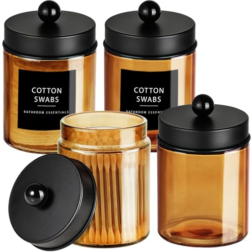 Amolliar Bronze Amber Glass Apothecary Jar, Qtip Holder Storage Black 4Pack | Bathroom Canister With Metal Lid, Q tip Dispenser Holder for Cotton Balls, Cotton Swabs, Floss Picks, Vanity Makeup Organizer - color: Amber-Black Lid