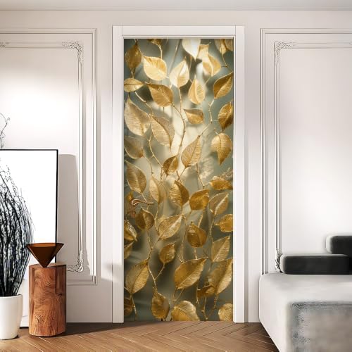 Gold Skeleton Leaf Botanical Door Mural Peel Stick 30.31x78.74in - color: Colorful1079