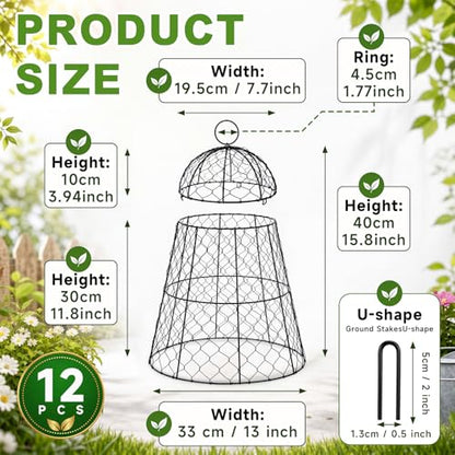 Sadnyy 12 Pack Garden Chicken Wire Cloche, 13" W X 15.7" H Plant Protectors and Covers, Wire Garden Cloches from Animals Metal Cage Plant Protection Strong and Not Easy to Deform - size: 13" D X 15.7" H, style: Detachable Style