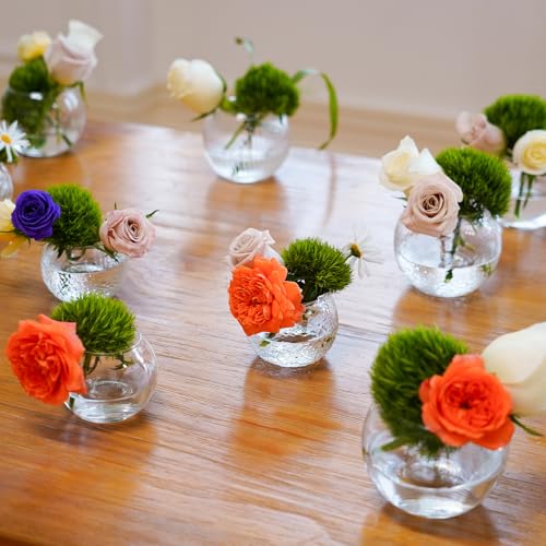 32 Pack Glass Bubble Vases, Small Clear Bud Vases for Table Centerpieces | Round Mini Globe Bubble Bowl, Candle Holders, Wedding Event & Home Decor (3 Textures 2 Sizes)
