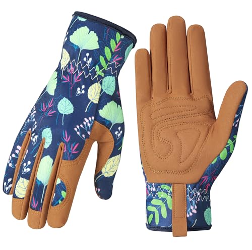Gardening Gloves for Women, Breathable Leather Garden Gloves,Gardening Gift | Gardening Gift for Lady, Thorn-Proof Puncture-Resistant Work Gloves for Weeding, Digging, Planting Yard Farm and Outdoor Work - color: Brown-green Leaves