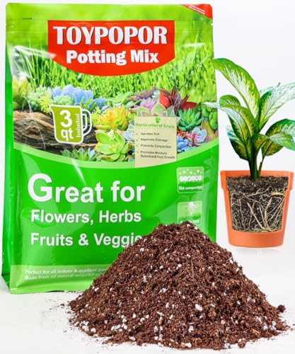TOYPOPOR Potting Soil for All Indoor Houseplants, (3qt) Contains Perlite, Peat Moss, Coco Coir and Rice Charcoal, Well Draining Potting Mix Light, Aerated Texture for Healthy Plant Roots, Fast Growth - color: potting soil, size: 3 qt
