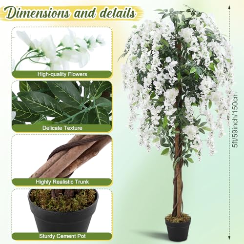 5ft Artificial Wisteria Tree, Tall Faux Flowering Plant, White, 1 Pack - color: White