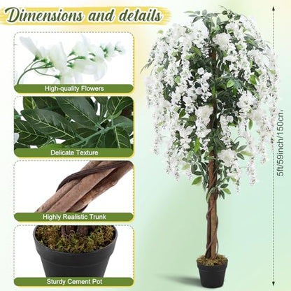 5ft Artificial Wisteria Tree, Tall Faux Flowering Plant, White, 1 Pack - color: White