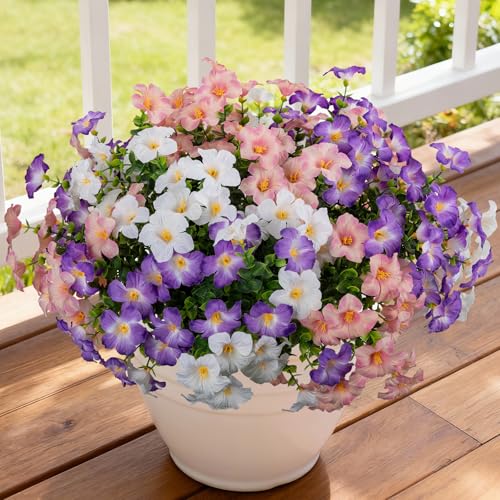 12 Bundles Artificial Flowers for Outdoors UV Resistant Fake Morning Glory - color: Light Pink,white,light Purple