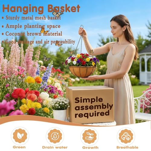 12 inch Metal Hanging Baskets For Plants Outdoor 4 Pack Round Metal Wire Hanging Basket Planter with Coco Fiber Liners Chain Round Wire Plant Holder for Garden, Patio, Deck, Porch Plants Flower Potss - size: 12 Inch, style: Watermelon