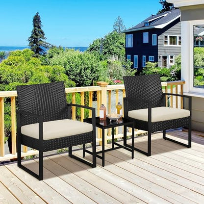 Yaheetech 3 Pieces Rattan Bistro Set, Outdoor Wicker Patio Modern Conversation Furniture, 2 Chairs & Tempered Glass Coffee Table for Garden, Balcony, Backyard, Poolside, Black/Beige - color: Black/Beige