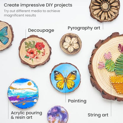 ARTEZA Natural Wood Slices, 3.5-4 Inch Diameter, Set of 25, Brown Round Pine Wood Discs with Bark for Crafts, Christmas Ornaments, Centerpieces - size: M