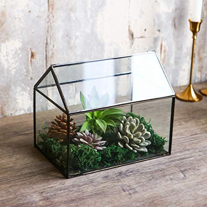 House Shape Close Glass Geometric Terrarium Tabletop Succulent Plant House Garden Planter Moss Fern Swing Lid, Flower Pot for Plants Succulent, Air Plant (Black)