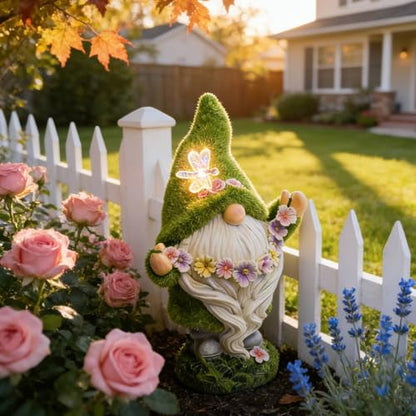 DiliComing Garden Gnomes Statue Solar Yard Decoration Green Moss Gnome | Solar Light, Dwarf Sculpture for Outdoor Patio Porch Lawn Decor, Spring Decorations