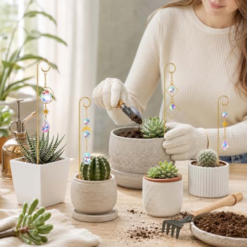 4 Pcs Small Trellis for Potted Plants Indoor with Crystal Sun Catcher Pendant, Metal Plant Stake for Mini Potted Plant Decoration for Home Window Garden