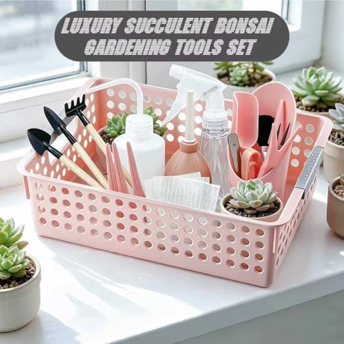 Mini Garden Tools Set for Succulent Plant Care Small Garden Hand Tools Indoor Transplanting Supplies, Including Pot Gift for Woman Pink