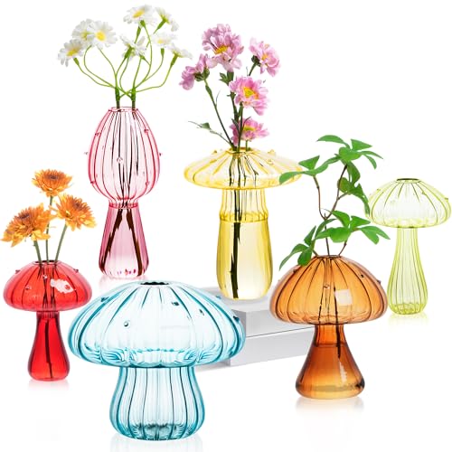 Mushroom Vase, Set of 6 Colored Glass Propagation Stations Vases - color: Colorful