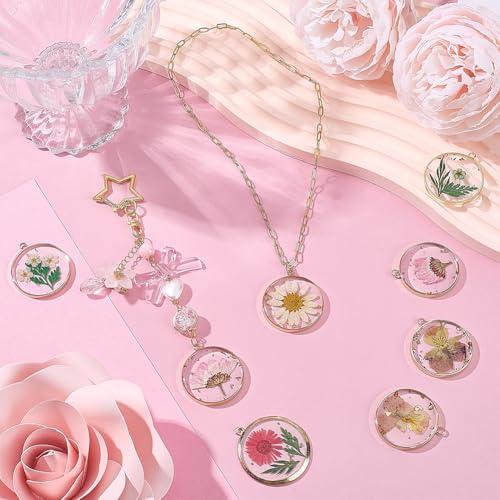 SUNNYCLUE 1 Box 12Pcs Dried Flower Resin Charms Pressed Flower Charm Round Shape Gold Edge Resin Floral Pendants for Jewelry Making Necklace Earring Keychain Bookmark Jewelry Making DIY Crafts