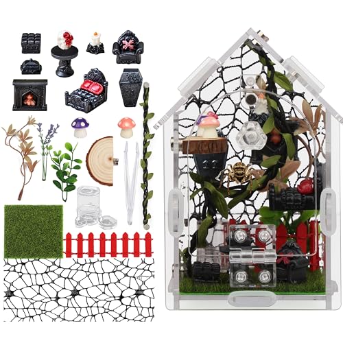 Jumping Spider Enclosure Kit with Accessories | Acrylic terrarium for tarantula mantis reptile. Magnetic lock & feeder. Clear 360° view. DIY decor set. - color: black-Gothic