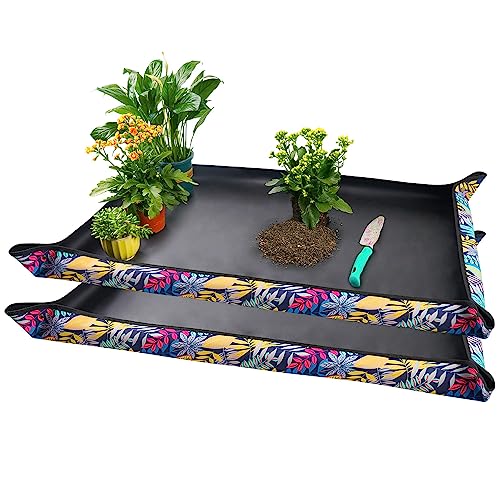 Onlysuki 2 PCS 43.5" x 29.5" Extra Large Repotting Mat for Indoor Plants Transplanting and Dirt Control Plant Gift for Plant Lovers - color: 2 Pcs Colorful Leaf Print, size: Extra Large 43.5" X 29.5"