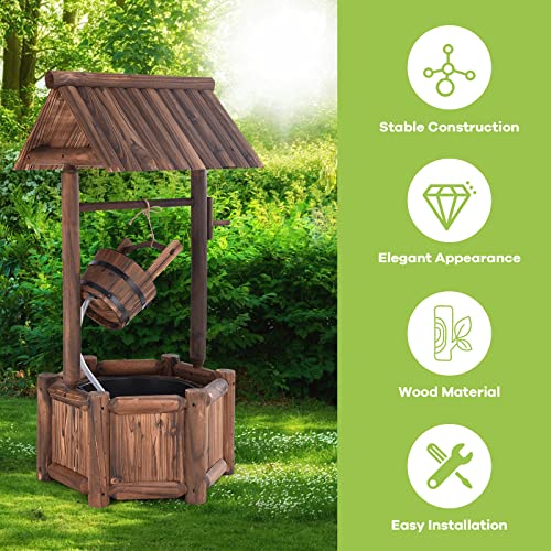 Giantex Wishing Well Water Fountain Outdoor, Rustic Wooden Waterfall Fountain with Electric Pump, Water Bucket, Freestanding Decorative Wishing Well Water Feature for Backyard Patio Garden Lawn