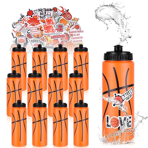 DI QIU REN 12pcs 20oz Basketball Water Plastic Bottle with 300 PCS Stickers | 20 Capacity, Reusable Basketball Water Bottles for Boys, Easy-Squeeze, Secure Cap, Customizable Labels, Sports Team for Gym - style: Basketball Water Bottle-12pcs