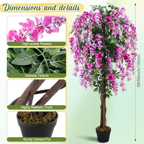 5ft Artificial Wisteria Tree, Tall Faux Flowering Plant, Rosy Pink, 1 Pack - color: Rosy Pink