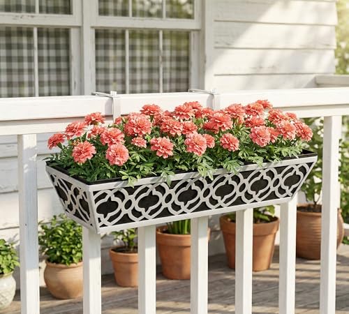Y&M 24'' Railing Planter Box Set with Black Non-Woven Liner, Gray Metal Large Hanging Flower Boxes with Adjustable Brackets for Fence, Deck, Balcony, and Garden - 4 Pcs - color: Flower 24in 4p-gray