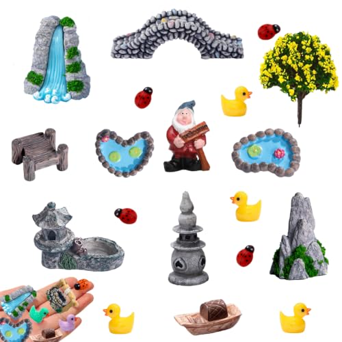 Fairy Garden Accessories 20Pcs Fairy Garden Bridge Pond Waterfall Kit | Miniature Wishing Well, Tree, Gnome, Zen Garden, Terrarium Decor, Small Figurines, Sand Tray Statue, Women Crafts Gift