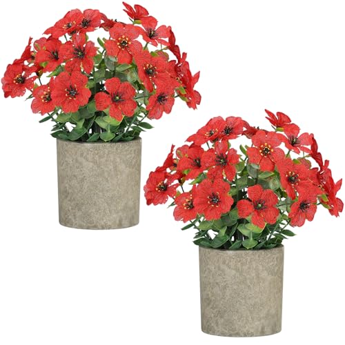 2 Pack Small Fake Plants Potted Artificial Plants Artificial Flowers Potted - color: Red