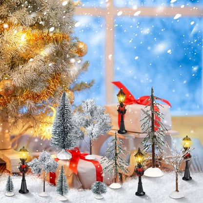 Hotop 18pc Christmas Village Accessories 47.2 Inch Village Roads Mini Snowy Trees Streets Light Lamppost Hedge Figurines Set for Display Winter Holiday Decorations DIY Crafts No Batteries(Trendy) - style: Trendy