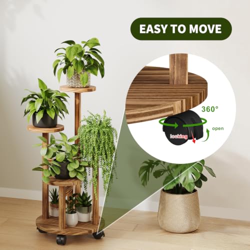 Uneedem 4 Tier Plant Stand Indoor with Wheels, Wood Tall Corner Plant Shelf | Rolling Plant Rack for Indoor Plants, Multi-tier Planter Pot Holder Flower Stand for Outdoor Living Room Balcony Garden Patio